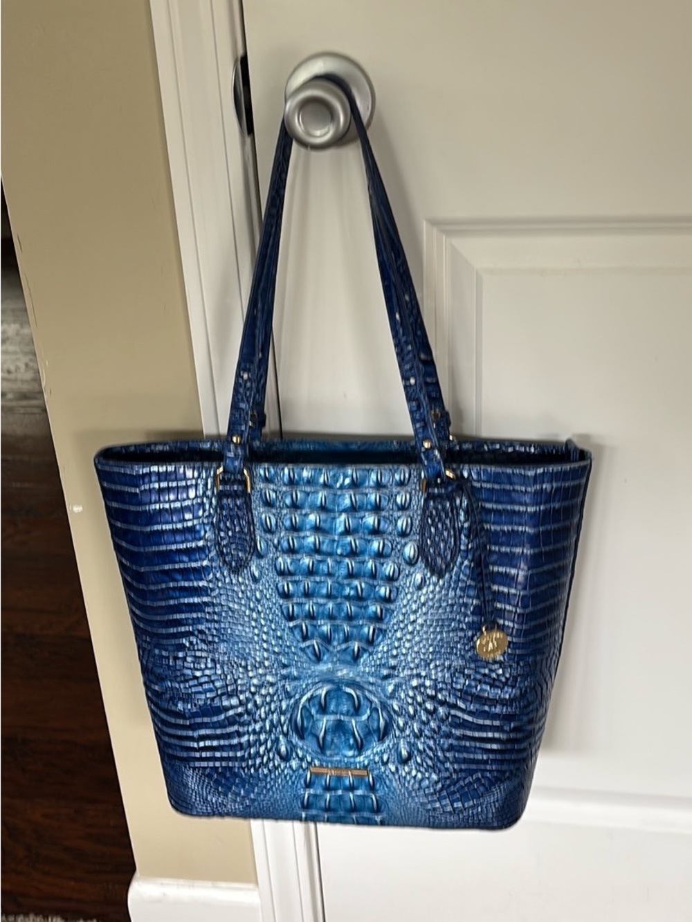 Brahmin Metallic Blue Croc-Embossed Tote